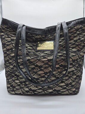 Betseyville Black Lace Overlay Tote Bag Y2K Style With Dual Straps & Gold Logo A